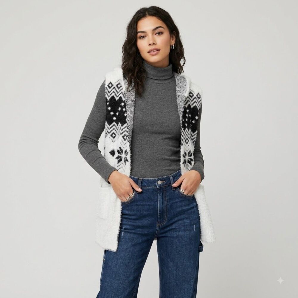 Arianna By Howard's Eyelash Knit Fair Isle Open-Front Hooded Vest Sweater SZ OS
